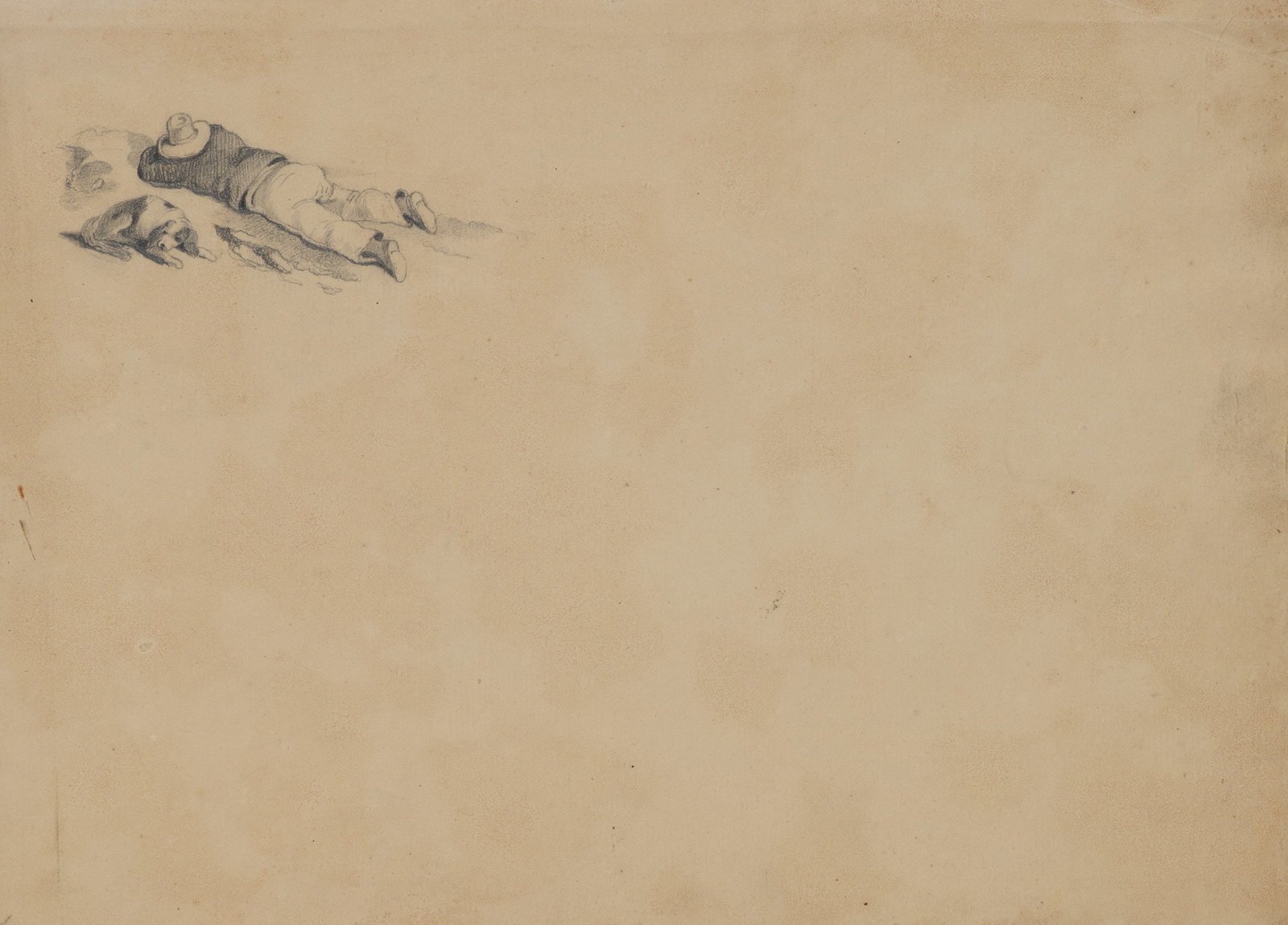 A. VIOLLET-LE-DUC (*1817), Reclining figure with a dog, Pencil: Adolphe Viollet-le-Duc (1817 Paris - 1878 ibid.): Reclining figure with dog Shepherd with hat and dog in a peaceful landscape, 19th century, Pencil Technique: Pencil on Paper Date: 19th century Descri