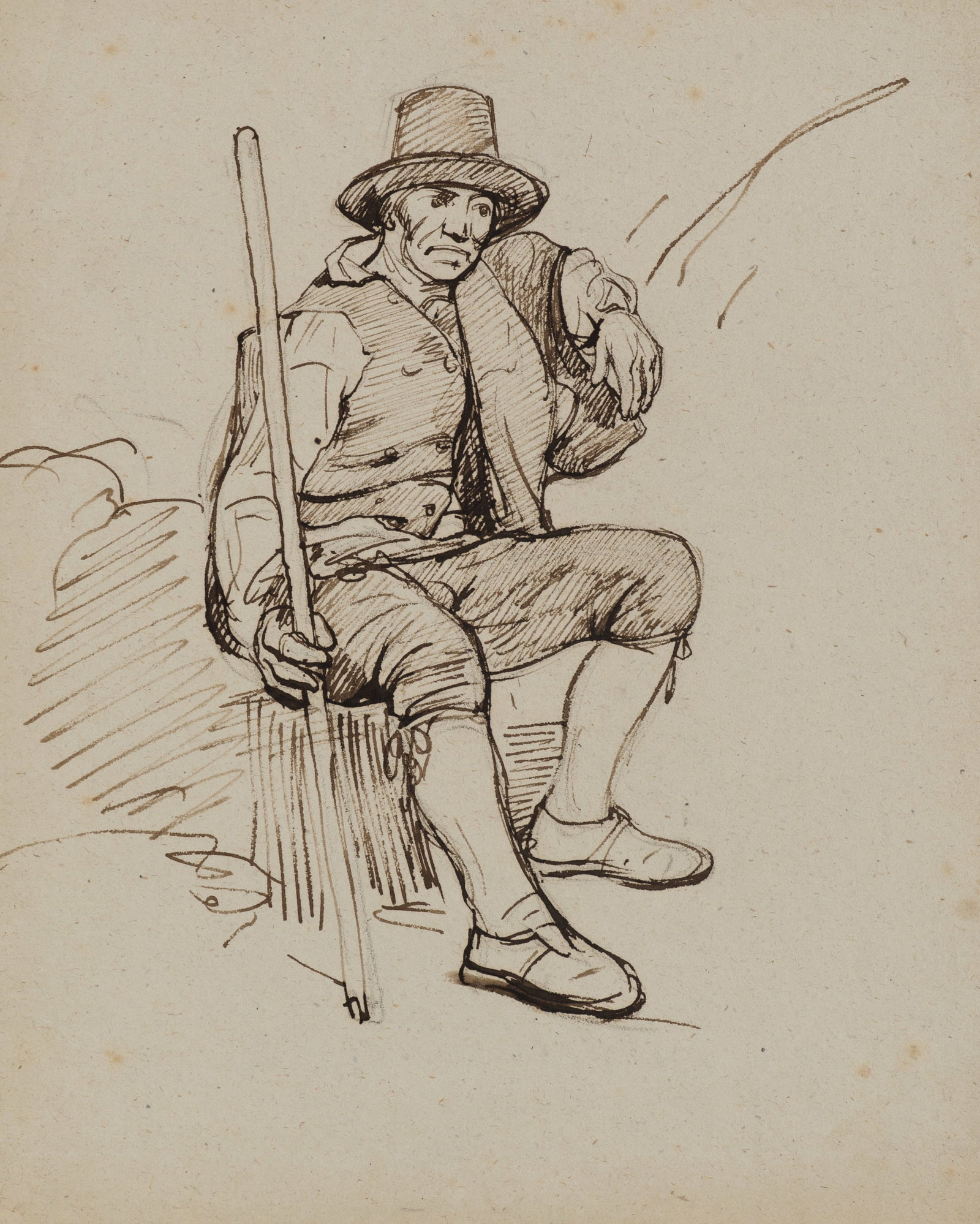 A. VIOLLET-LE-DUC (*1817), Seated man with a walking stick, Indian ink (1 of 5)