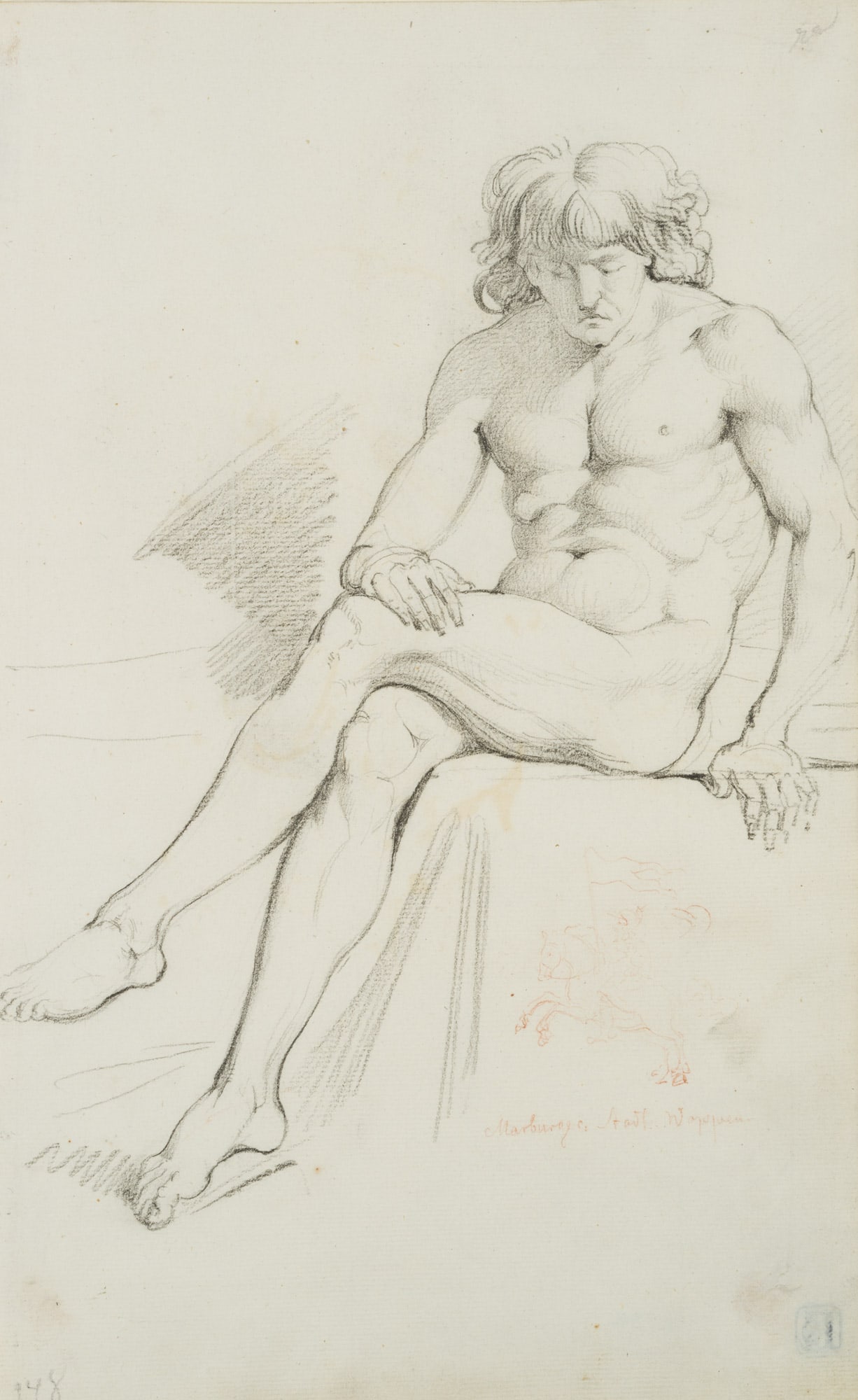 K. WACH (1787-1845), Seated male nude, around 1810, Charcoal: Karl Wilhelm Wach (1787 Berlin - 1845 ibid.): Seated male nude with crossed legs, c. 1810, Charcoal Technique: Charcoal and Red chalk drawing on Paper Stamp: – Collector's stamp, Lugt no.: 3951. Unk