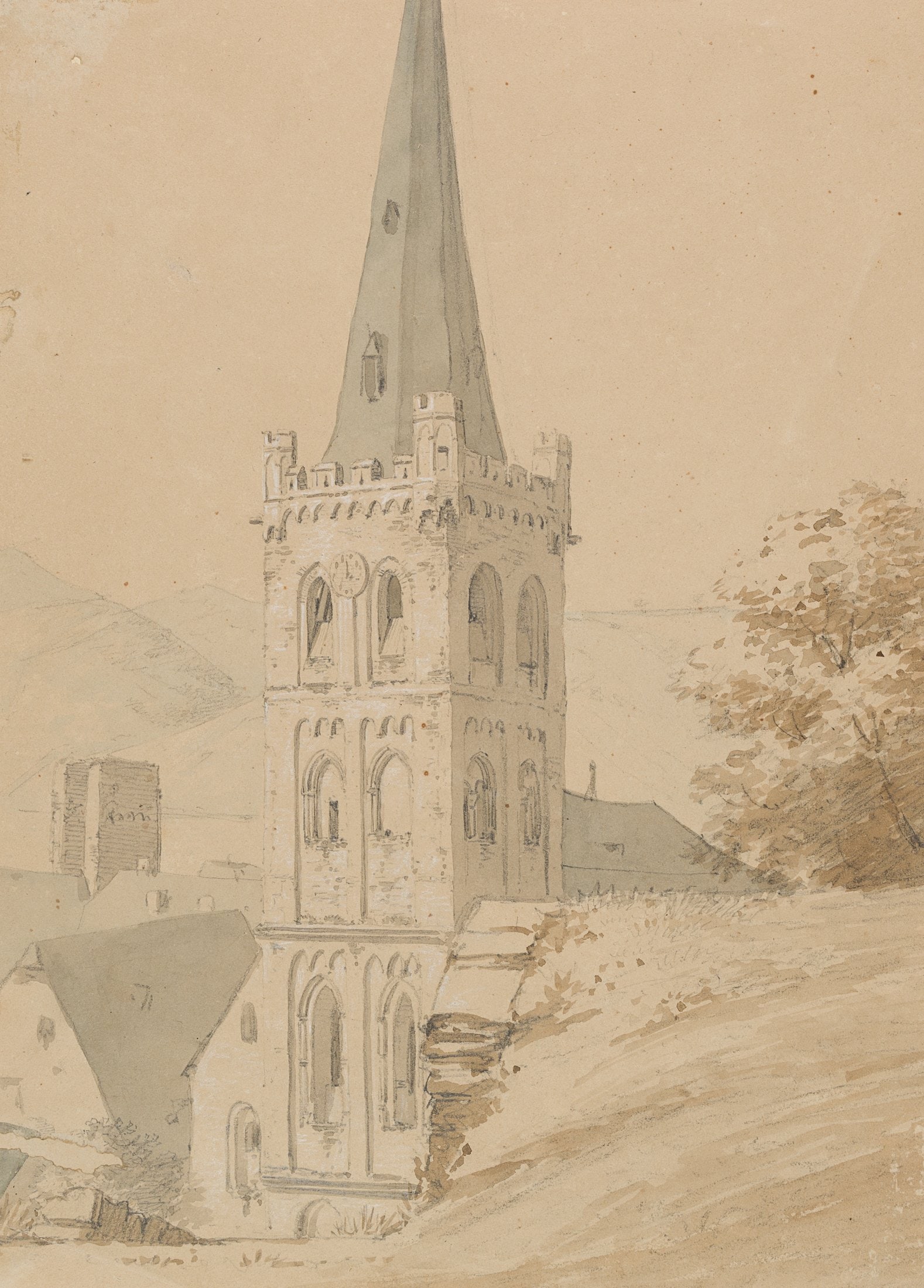 O. WAGNER (1803-1861), Church tower in Bacharach, Brush drawing: Otto Wagner (1803 Torgau - 1861 Dresden): Church tower of the former collegiate church of St Peter in Bacharach, 19th century, Brush drawing Technique: Washed Brush drawingPencil on Paper Inscription: