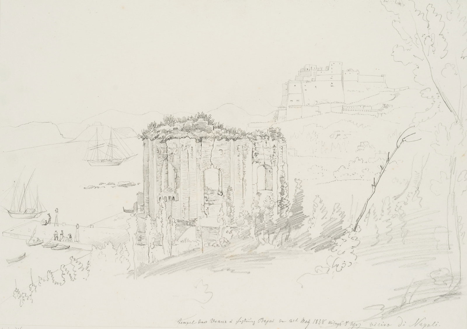 L. WAGNER (1799-1839), Temple of Venus and Fortress of Baiae, 1838, Pencil (1 of 4)