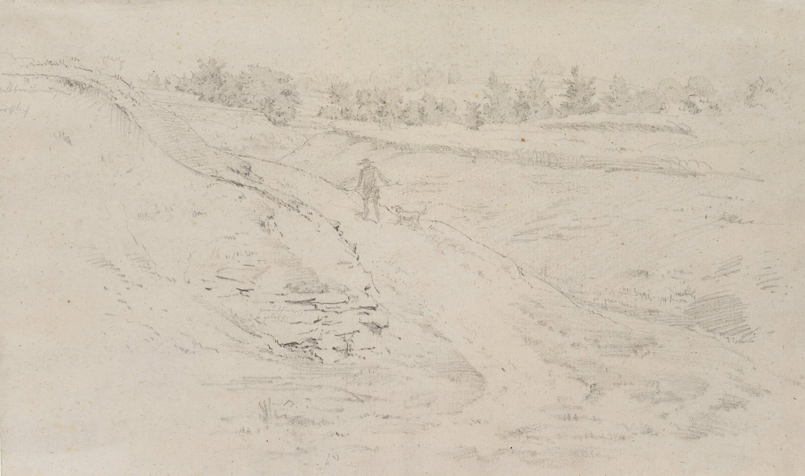 R. WASMANN (1805-1886), Hikers with dogs, Pencil: Rudolf Friedrich Wasmann (1805 Hamburg - 1886 Meran): Hiker with dog in a landscape, 19th century, Pencil Technique: Pencil on Paper Inscription: labelled on the verso: "Wasmann" Date: 19th century De