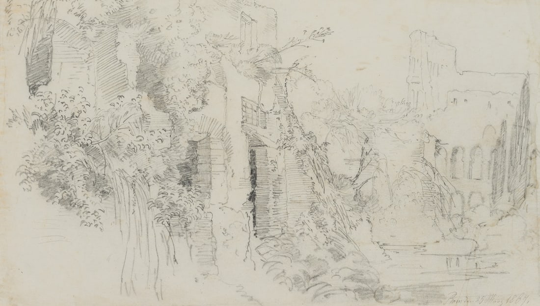 T. WEBER (1813-1875), Ruins on the Palatine Hill with the Colosseum, Pencil: Therese Weber (1813 Nymphenburg - 1875 Munich): Ruins on the Palatine Hill with the Colosseum, 19th century, Pencil Technique: Pencil on Paper Inscription: Dated lower right: "Rome 25 March 1864" Date