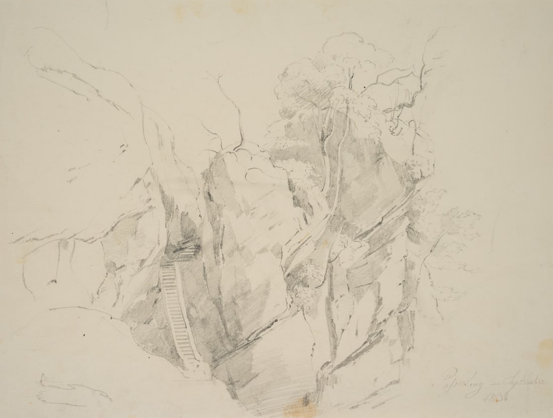 T. WEBER (1813-1875), Pass Lueg in September, the Alps, 1838, Pencil: Therese Weber (1813 Nymphenburg - 1875 Munich): "Pass Lueg in September", Alps, Salzburg, 1838, Pencil Technique: Pencil on Paper (brown) Inscription: Titled and dated in the lower right corner: "Pass