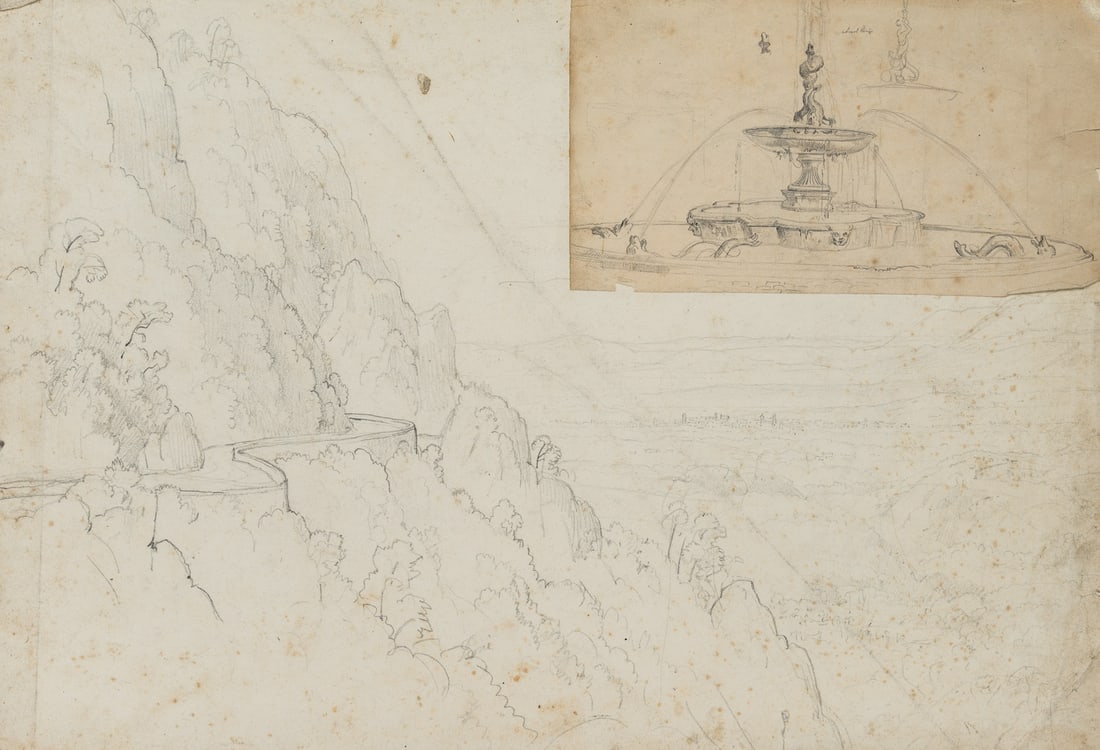 T. WEBER (1813-1875), Mountain road in the Alps, Pencil: Therese Weber (1813 Nymphenburg - 1875 Munich): Mountain road in the Alpine region, study of a baroque fountain, 19th century, Pencil Technique: Pencil on Paper Date: 19th century Description: Impress