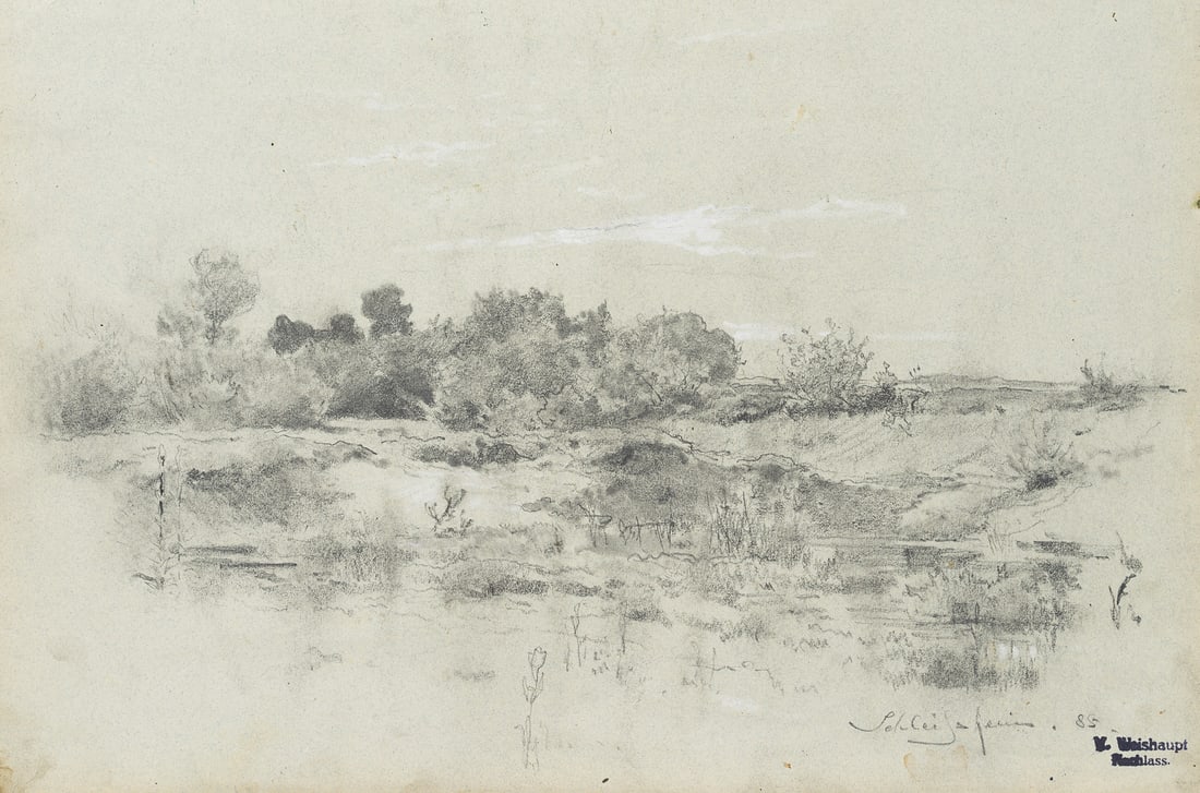 V. WEISHAUPT (*1848), Wilderness near Schleißheim, 1885, Charcoal: Victor Weishaupt (1848 Munich - 1905 Karlsruhe): Wilderness near Schleißheim near Munich, 1885, Charcoal Technique: White heightened Charcoal on Paper Stamp: – Verso Collector's stamp, Georg un