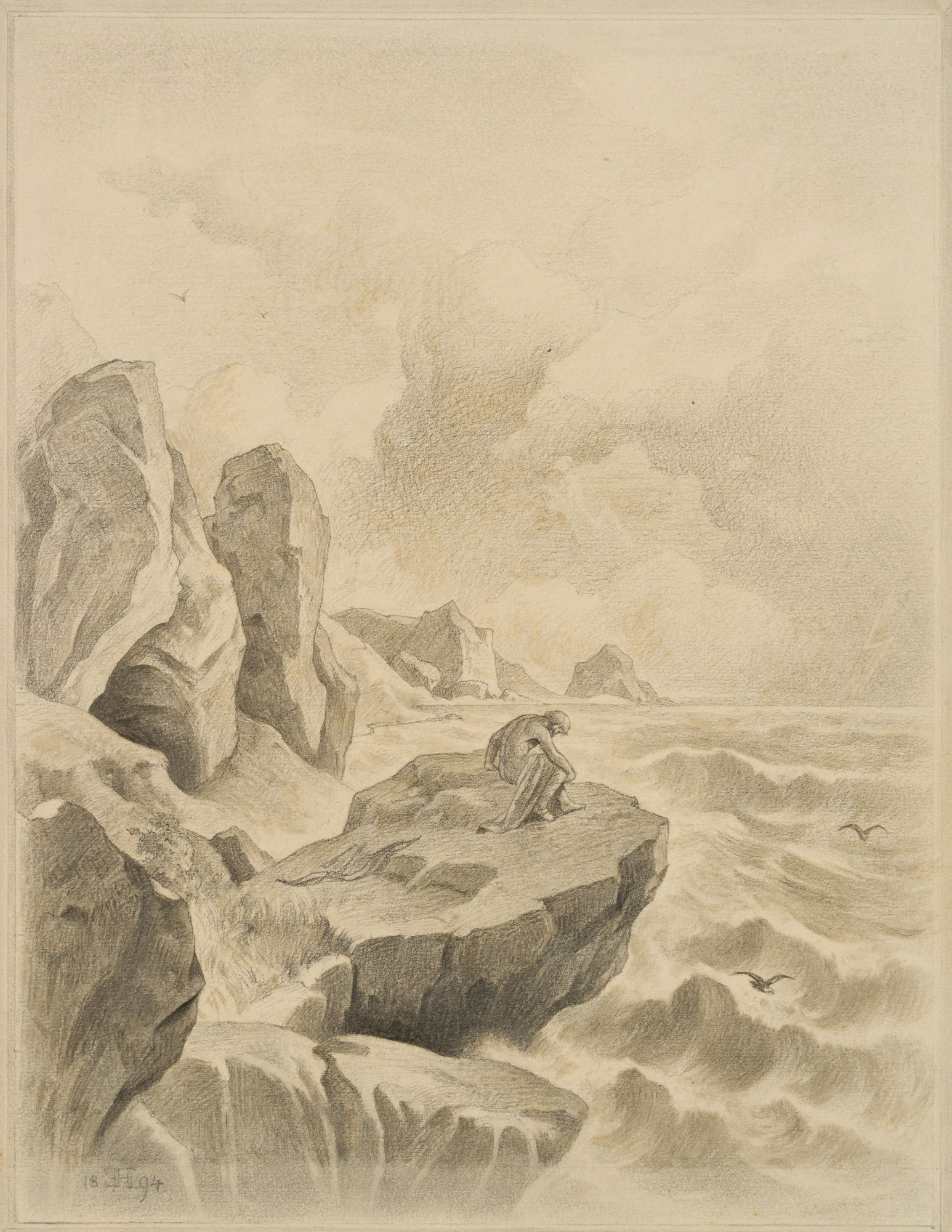 Monogram EH (19th), Man on a cliff overlooking the rough sea, 1894, Pencil (1 of 4)