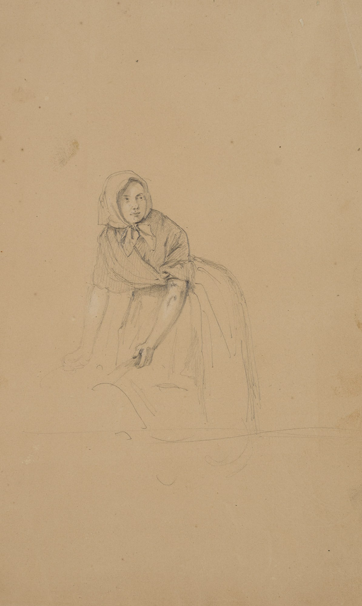 Unknown (19th), When doing the washing, around 1870, Pencil: Unknown (19th century): Sketch of a worker doing laundry, c. 1870, Pencil Technique: Pencil on Paper Date: c. 1870 Description: The woman in the headscarf and long dress has rolled up her sleeves and 