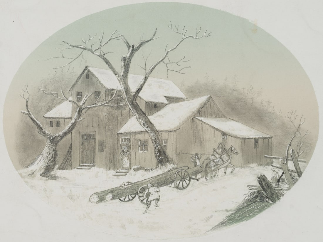 Unknown (19th), A farmstead on the edge of the forest with farm labourers, Pencil: Unknown (19th century): View of a farmstead at the edge of the forest with farm workers carrying logs on a cart, 19th century, Pencil Technique: White heightened Pencil and Gouache on Paper Inscriptio