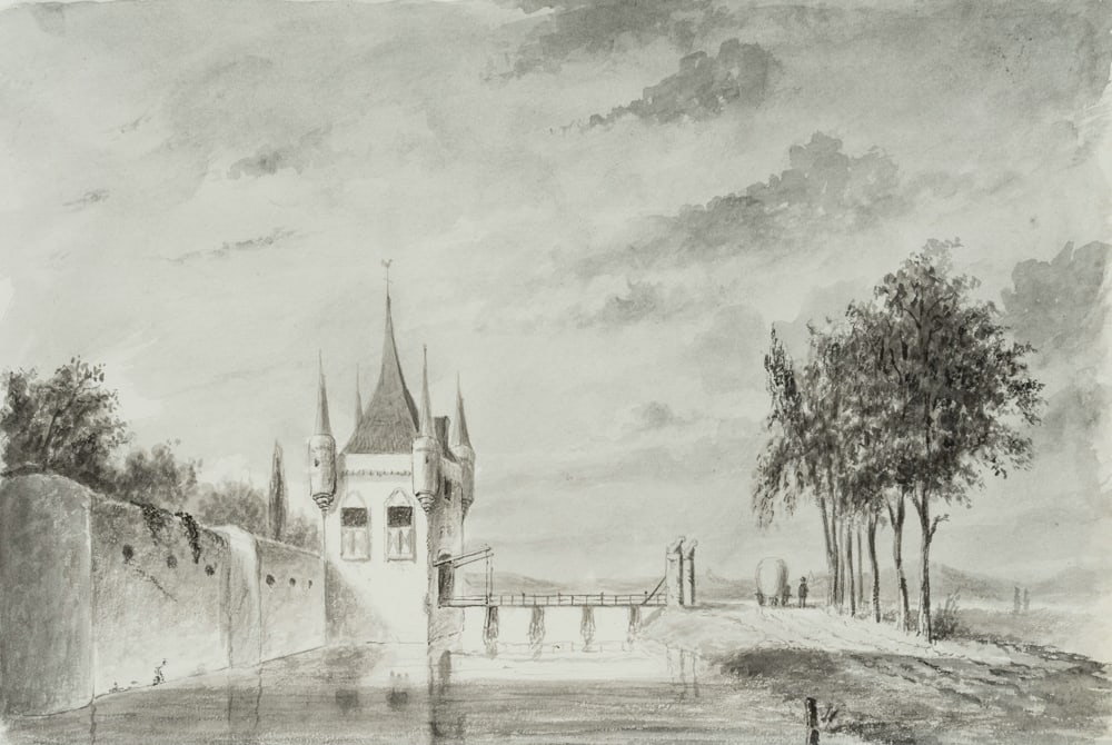 Unknown (19th), Tower of a moated castle, Watercolor: Unknown (19th century): Tower of a moated castle, 19th century, Watercolor Technique: Watercolor on Paper Date: 19th century Description: The white plaster of the medieval-looking gate tower shines br