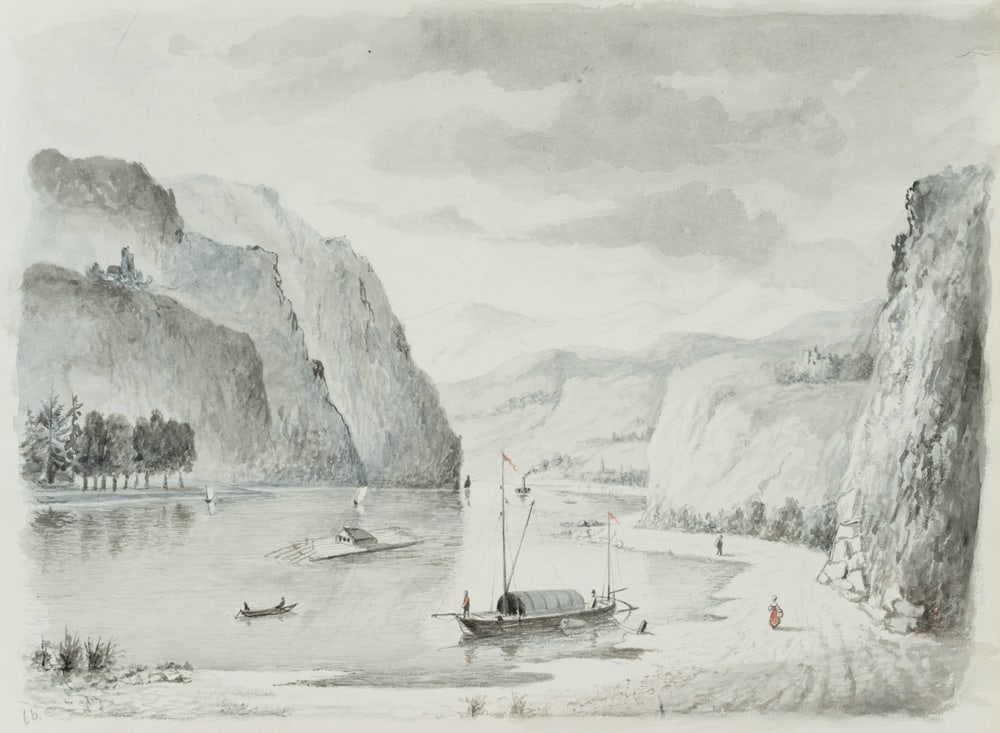 Unknown (19th), A romantic river valley with raftsmen, Watercolor: Unknown (19th century): Romantic river valley with rafters, Rhine region, 19th century, Watercolor Technique: Watercolor on Paper Inscription: Inscribed and dated(?) on the lower left: "66. Date: 19th