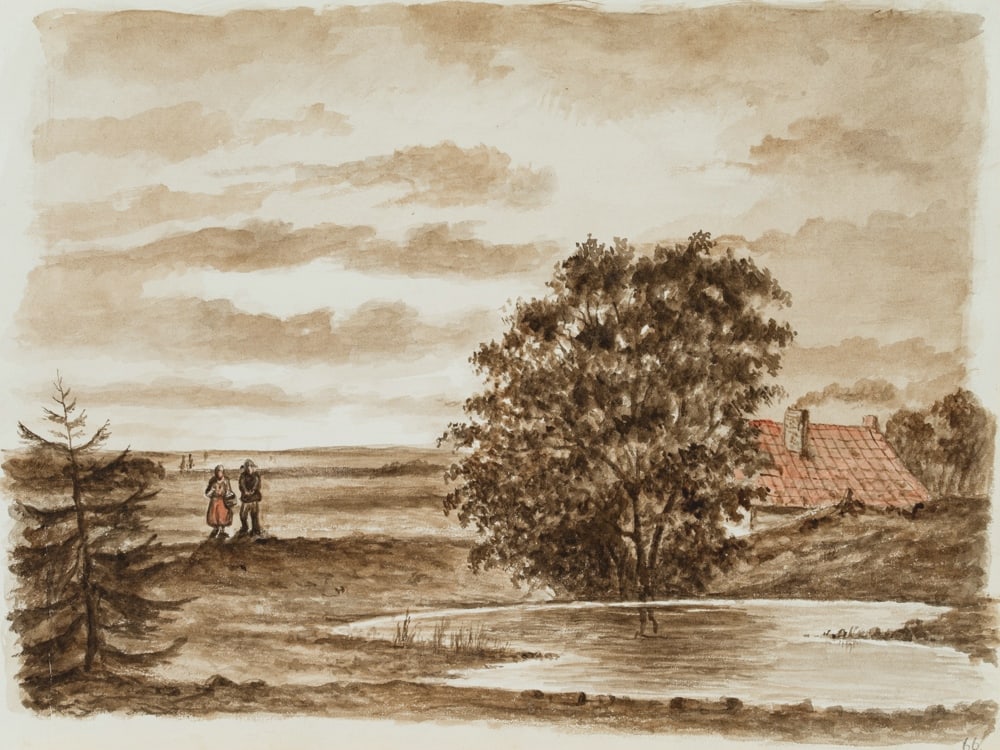 Unknown (19th), A farming couple by the pond, Watercolor (1 of 4)