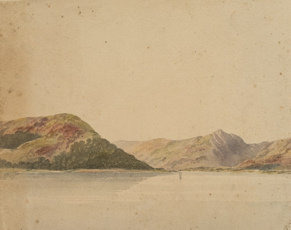 Unknown (19th), Coastal waters in a fjord landscape, around 1880, Watercolor: Unknown (19th century): Coastal waters in a fjord landscape, c. 1880, Watercolor Technique: Watercolor on Paper Date: c. 1880 Description: Beautiful landscape panorama in front of an unknown coast wit