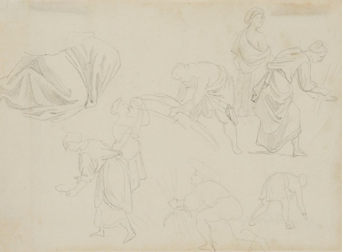 Unknown (19th), Figure studies, During fieldwork, around 1850, Pencil: Unknown (19th century): Figure studies, During fieldwork, c. 1850, Pencil Technique: Pencil on Paper Date: c. 1850 Description: The sketch shows the different postures that the workers assume while wo