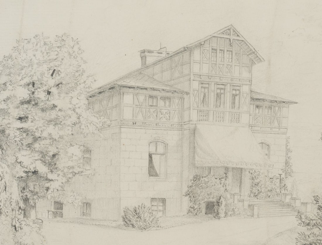 Unknown (19th), Idyllic villa, around 1880, Pencil: Unknown (19th century): Idyllic villa with half-timbered upper storey, c. 1880, Pencil Technique: Pencil on Paper Inscription: Inscribed on the backing in pencil by another hand Date: c. 1880 Descript