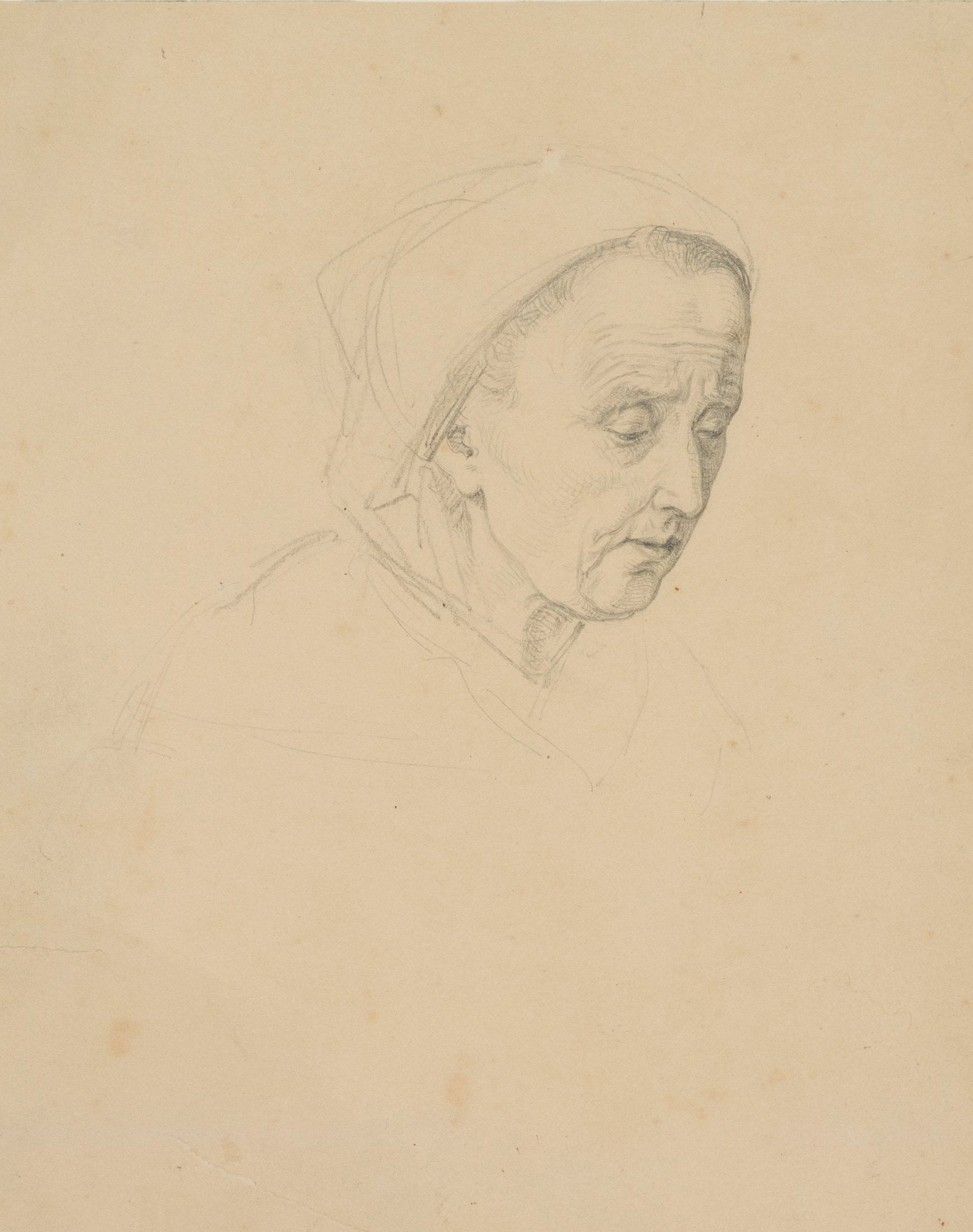 Unknown (19th), An elderly woman wearing a headscarf, around 1830, Pencil: Unknown (19th century): An elderly woman wearing a headscarf, c. 1830, Pencil Technique: Pencil on Paper Inscription: At the lower part inscribed on the support: "Kopf der blinden Frau, aus einem gr&#