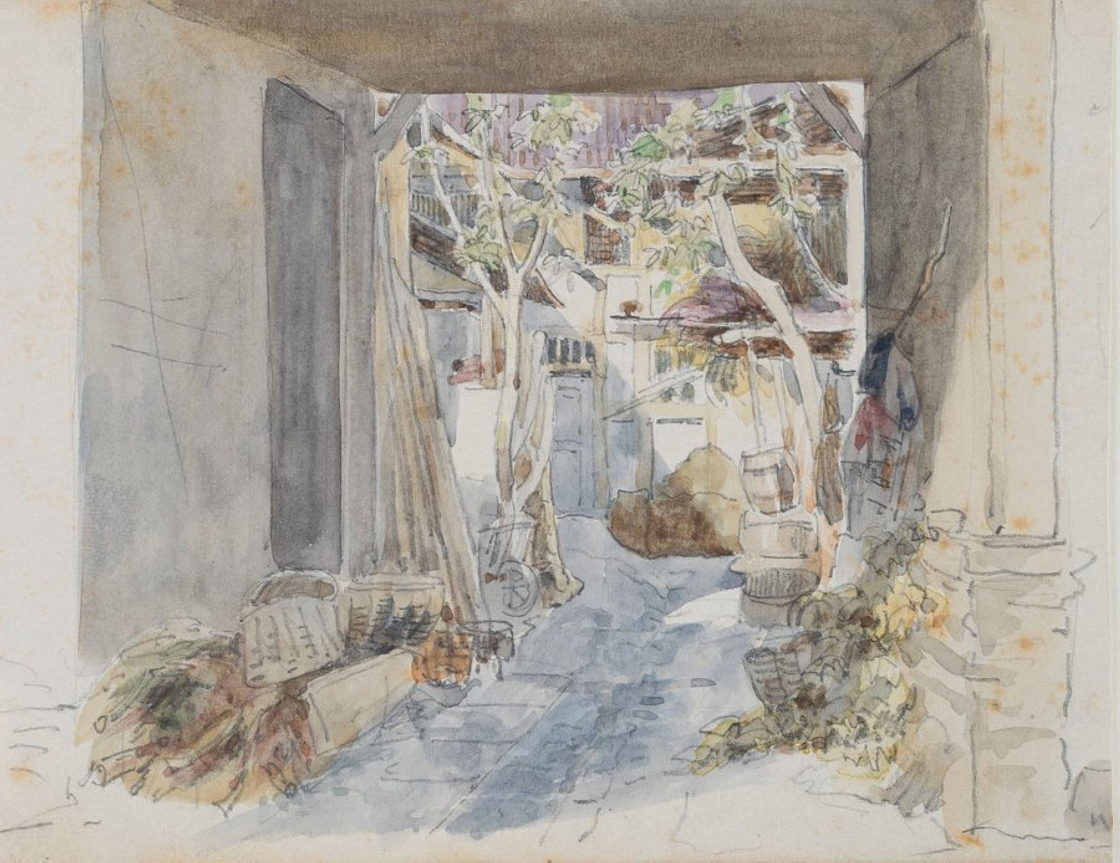 Unknown (19th), View from a barn, Watercolor (1 of 5)