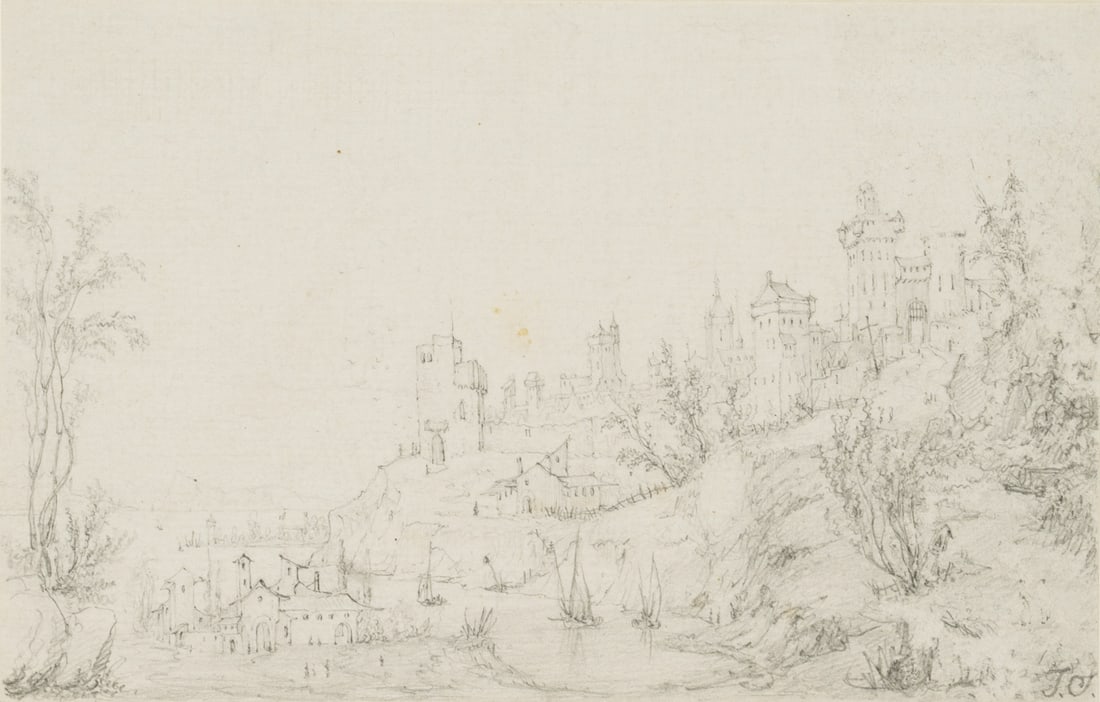 Unknown (19th), A town and fortress by the water, Pencil: Unknown (19th century): A town and fortress by the water, 19th century, Pencil Technique: Pencil on Cardboard Inscription: Monogrammed lower right "I.S.". Numbered "34", "461" and "3 1/2" in pencil ve