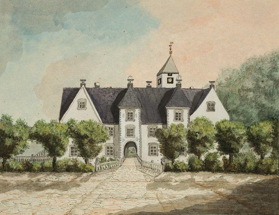 Unknown (19th), Nordic farmstead with a tower, Watercolor: Unknown (19th century): Nordic manor house with tower and gateway, 19th century, Watercolor Technique: Watercolor on Paper Date: 19th century Provenance: Aus dem Besitz der Familie von Berger Keywords