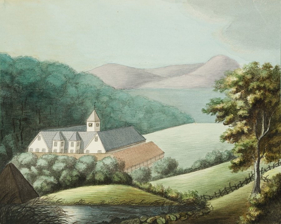 Unknown (19th), A Nordic farmstead in the landscape, Watercolor: Unknown (19th century): Nordic manor house with tower in landscape, 19th century, Watercolor Technique: Watercolor on Paper Date: 19th century Provenance: Aus dem Besitz der Familie von Berger Keyword