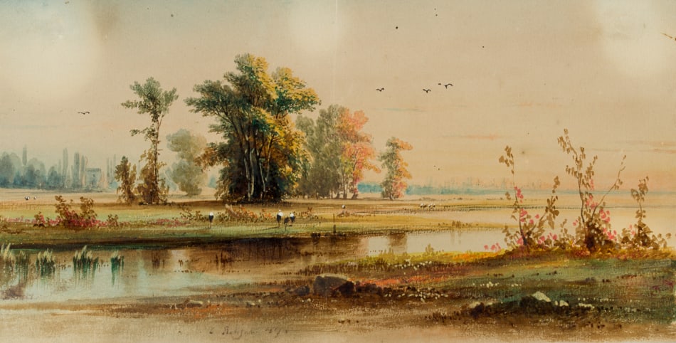 Unknown (19th), Storks in the marshlands, Gouache: Unknown (19th century): Storks in a late summer marsh landscape, 19th century, Gouache Technique: Gouache on Paper, mounted on Paper Inscription: A large stone building can be seen in the distance on 