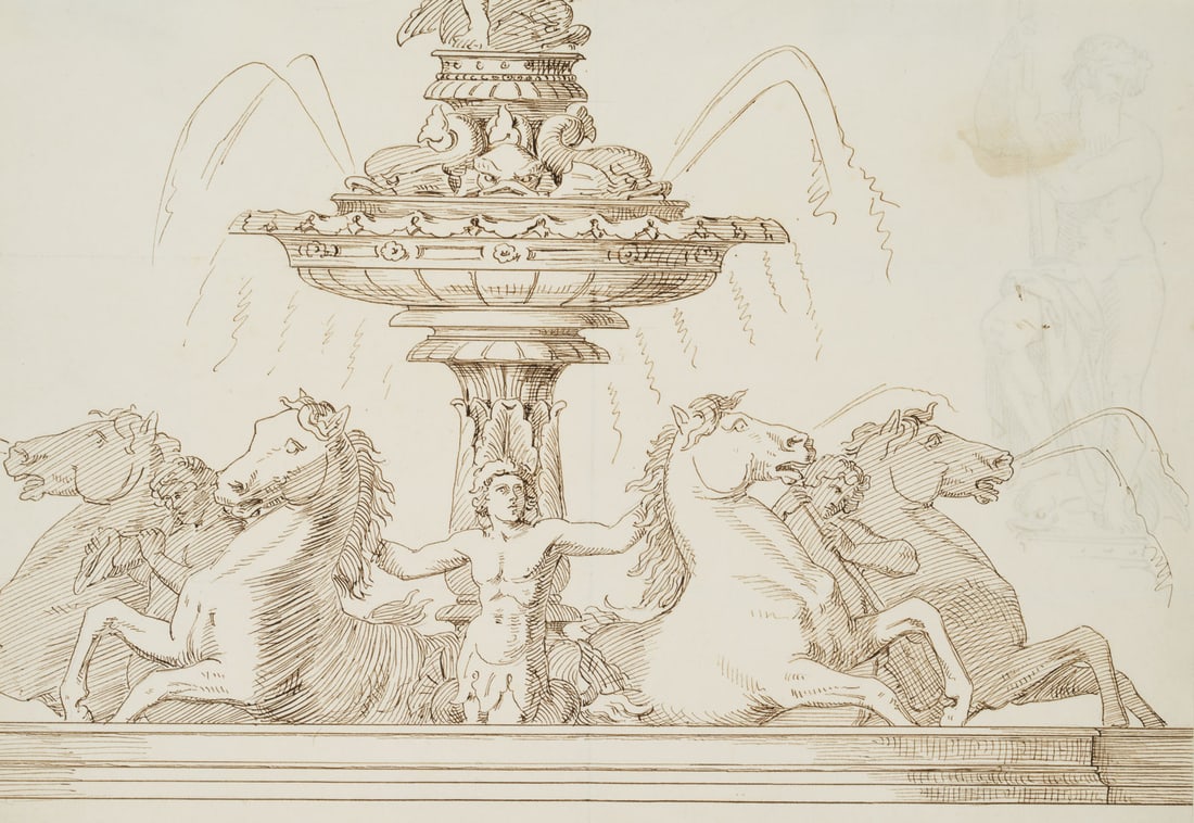 Unknown (19th), Design for a Neptune Fountain, Pen drawing (1 of 5)