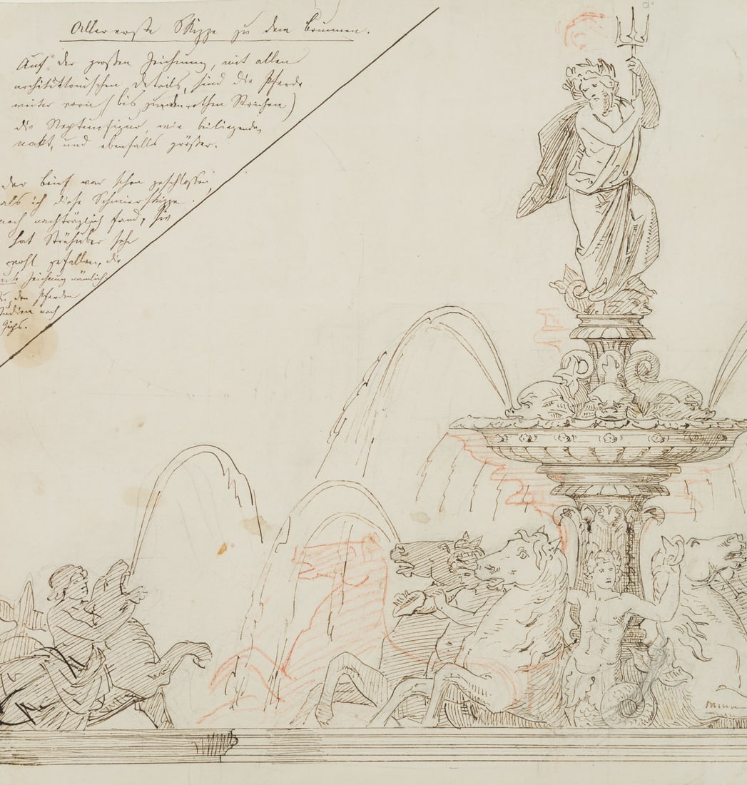 Unknown (19th), Design for a Neptune Fountain, Indian ink: Unknown (19th century): Design drawing for a Neptune fountain with explanations, 19th century, Indian ink Technique: Indian ink over Pencil on Paper Inscription: Labelled top left "Allererste Skizze z
