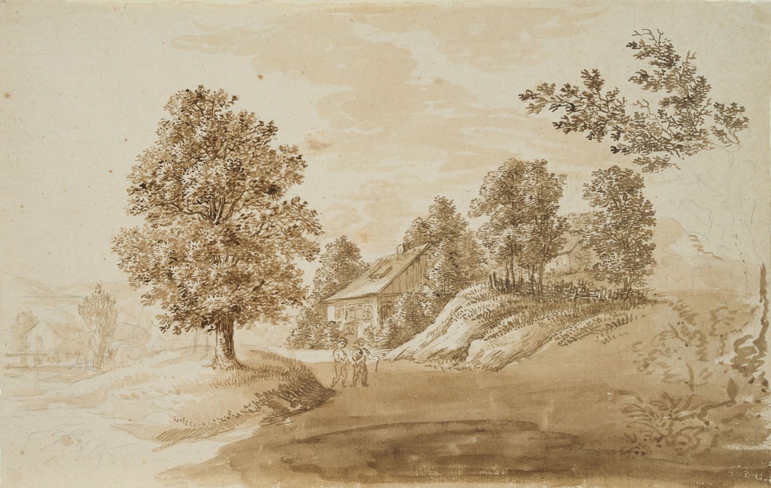 Unknown (19th), Landscape with walkers (Saxony), Pen drawing: Unknown (19th century): Saxon landscape with hikers on the trail, 19th century, Pen drawing Technique: Washed Pen drawing over Pencil on Laid paper Date: 19th century Description: Wonderfully loosely 