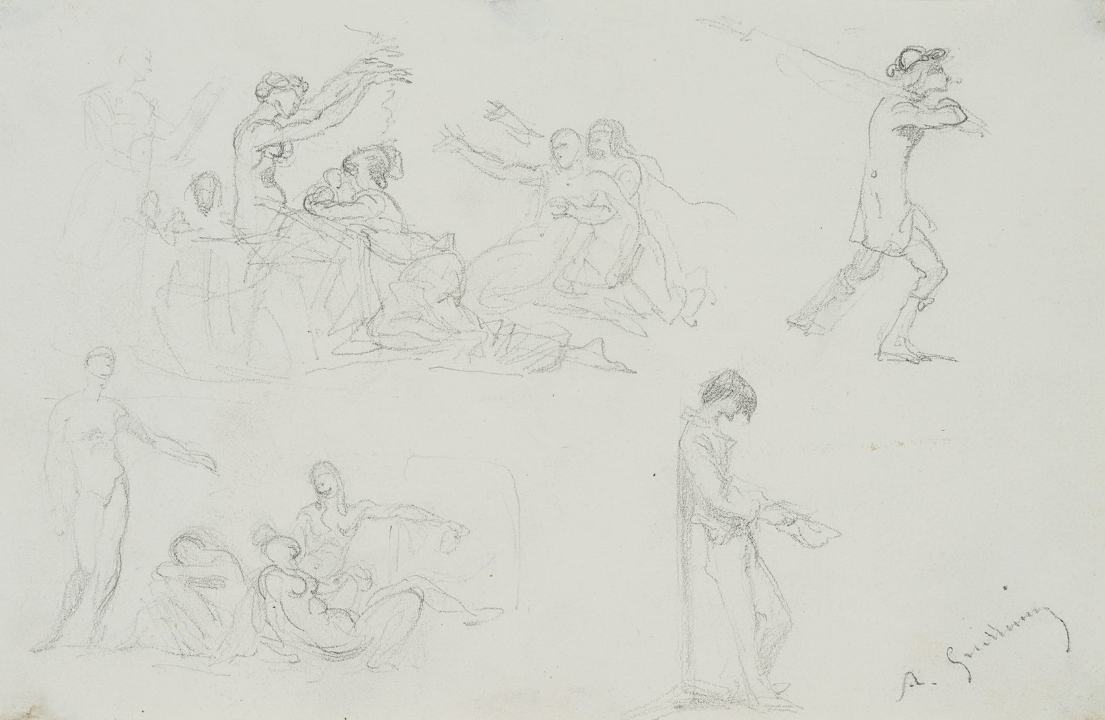 Unknown (19th), Study Sheet, Allegorical Figures, Pencil: Unknown (19th century): Study sheet with various figure scenes Allegorical figures and nudes, 19th century, Pencil Technique: Pencil on Paper, mounted on Paper Inscription: Lower right signed: "A. G[?