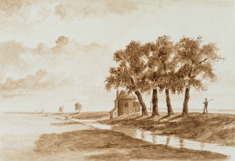 Unknown (19th), Coastal landscape with a fisherman, Watercolor (1 of 4)