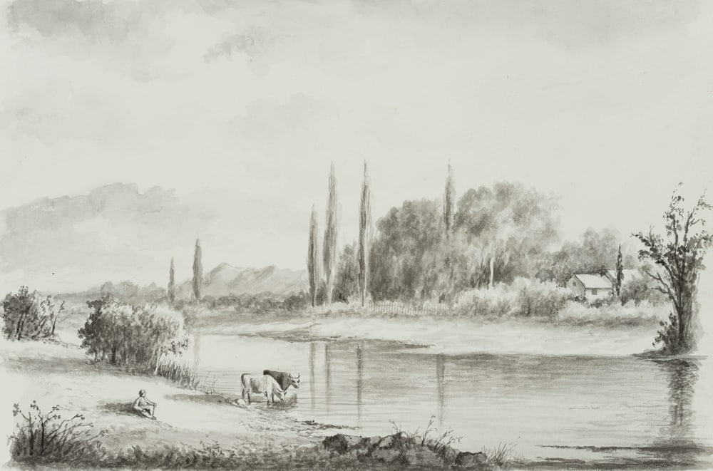 Unknown (19th), River landscape with a shepherd taking a rest, Brush drawing (1 of 4)