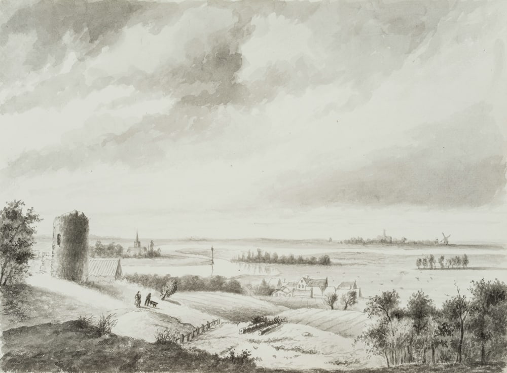 Unknown (19th), Ruins of a tower by the river on a vast plain, Watercolor (1 of 4)