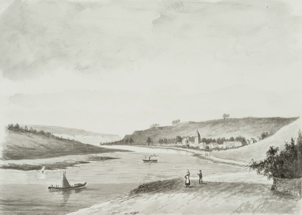 Unknown (19th), River landscape in a flat valley, Brush drawing (1 of 4)