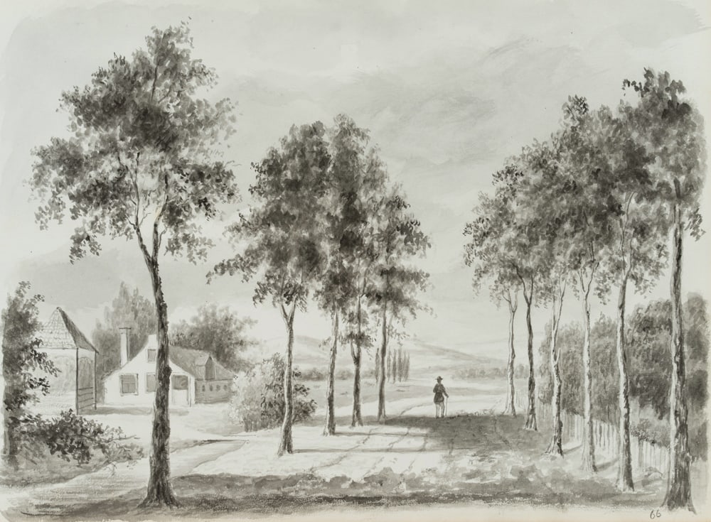 Unknown (19th), Hikers on a tree-lined avenue in the Rhineland, Brush drawing: Unknown (19th century): Hikers on a tree-lined avenue in the Rhineland, 19th century, Brush drawing Technique: Brush drawing on Paper Inscription: Inscribed and dated(?) lower right: "66." Date: 19th 