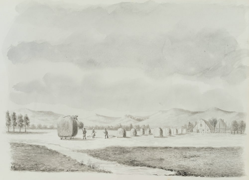 Unknown (19th), Farmers harvesting hay, Brush drawing: Unknown (19th century): Farmers harvesting hay, 19th century, Brush drawing Technique: Brush drawing on Paper Inscription: Inscribed and dated(?) lower left: "66.". Date: 19th century Description: Idy