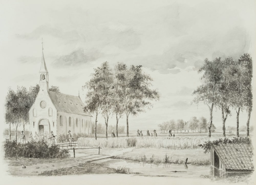 Unknown (19th), A walk to church through the marshlands, Brush drawing: Unknown (19th century): Going to church in the Dutch marshlands, 19th century, Brush drawing Technique: Brush drawing on Paper Date: 19th century Description: After church on Sundays, the pious countr