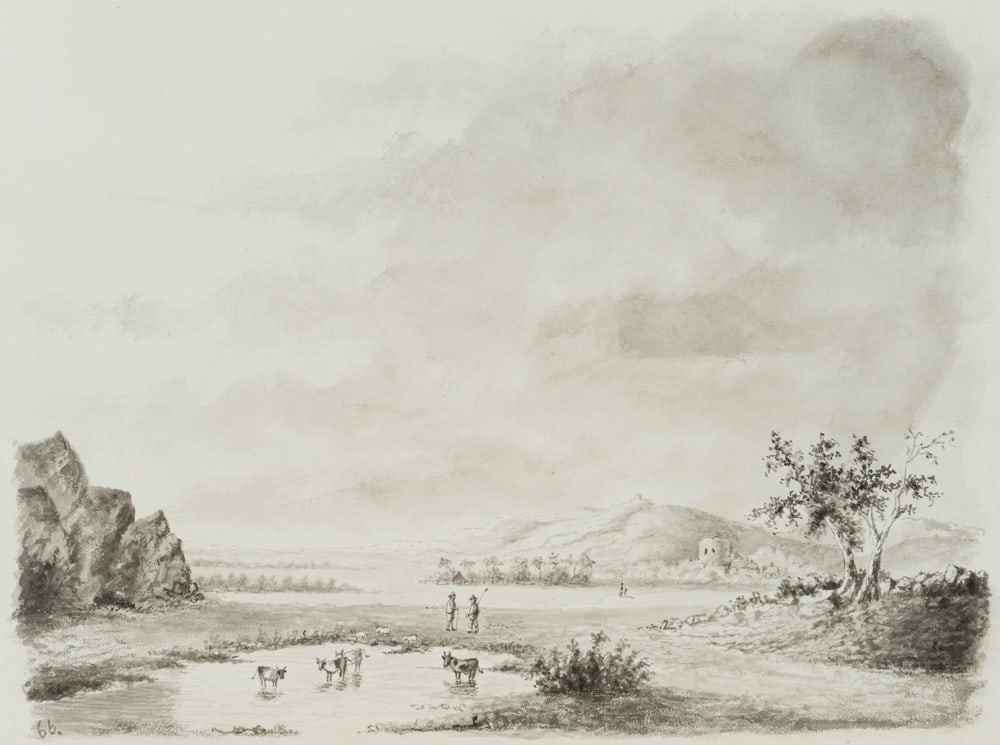 Unknown (19th), Goat herders in a hilly landscape, Brush drawing (1 of 4)