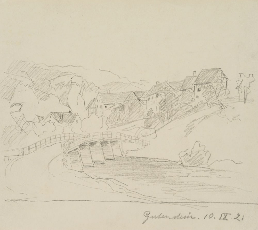 Unknown (19th), Bridge in Gutenstein near Sigmaringen, 1821, Pencil: Unknown (19th century): Bridge and half-timbered house in Gutenstein near Sigmaringen, 1821, Pencil Technique: Pencil on Paper Inscription: The sheet is inscribed and dated lower right: "Gutenstein 10