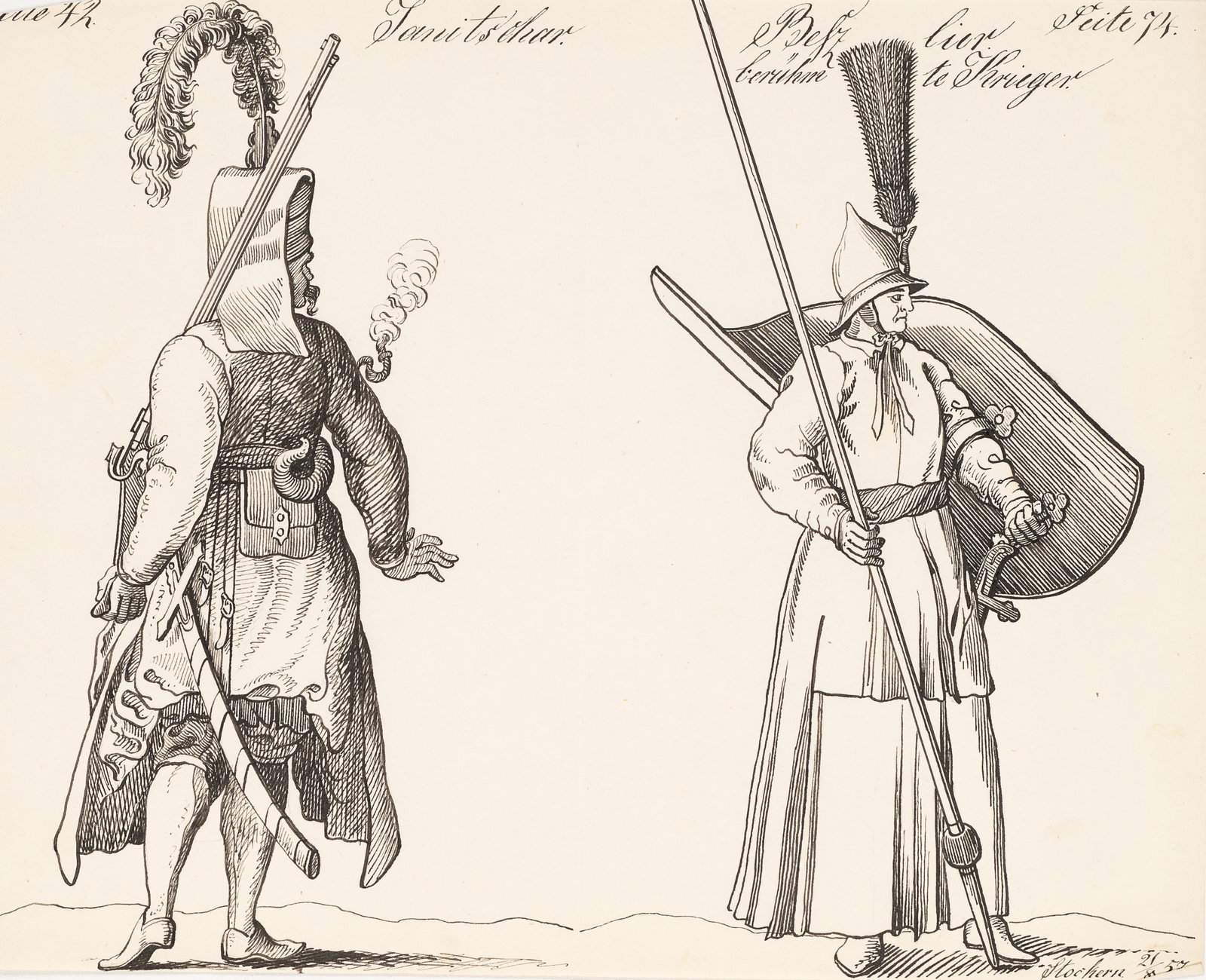 Unknown (19th), Two old-style soldiers, 1857, Pen drawing: Unknown (19th century): Two soldiers in the old style Historical illustration of two soldier figures, 1857, Pen drawing Technique: Pen drawing on Paper Inscription: Lower right inscribed: "Stoekern". 