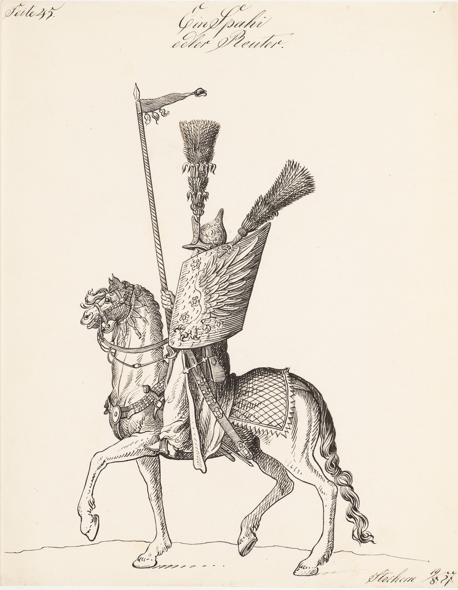 Unknown (19th), Winged warrior on horseback, 1857, Pen drawing: Unknown (19th century): Mounted warrior with wings Historical depiction of a Polish winged hussar, 1857, Pen drawing Technique: Pen drawing on Paper Inscription: Lower right dated: "Stockern 19/8 57".