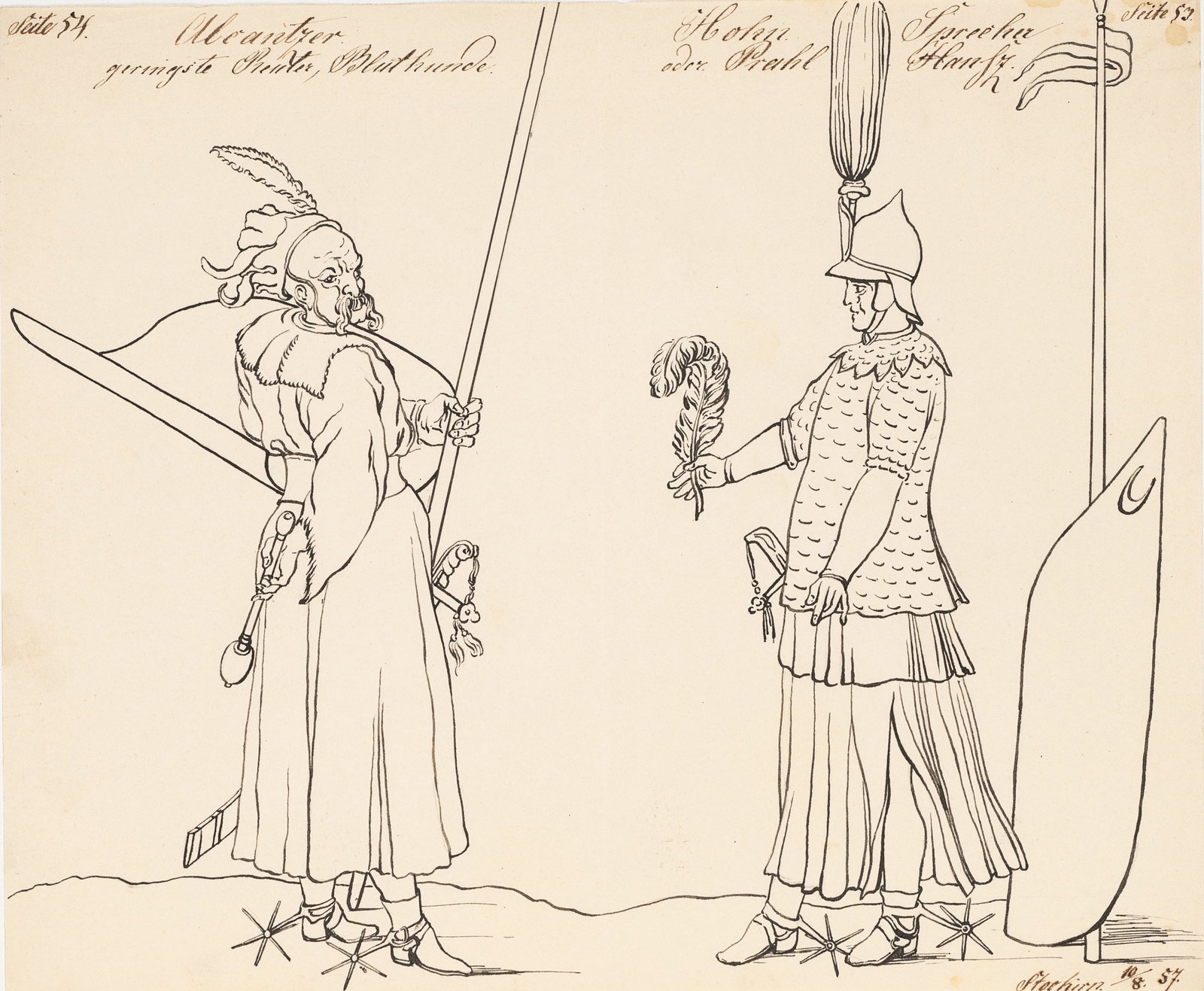 Unknown (19th), Historical re-enactment of warriors, 1857, Pen drawing (1 of 5)