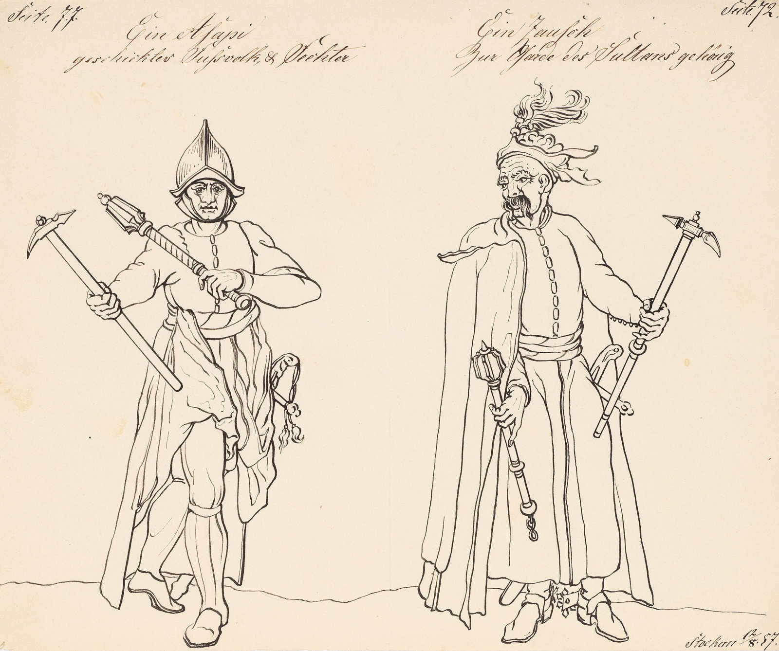 Unknown (19th), A pair of Western and Ottoman warriors, 1857, Pen drawing (1 of 5)