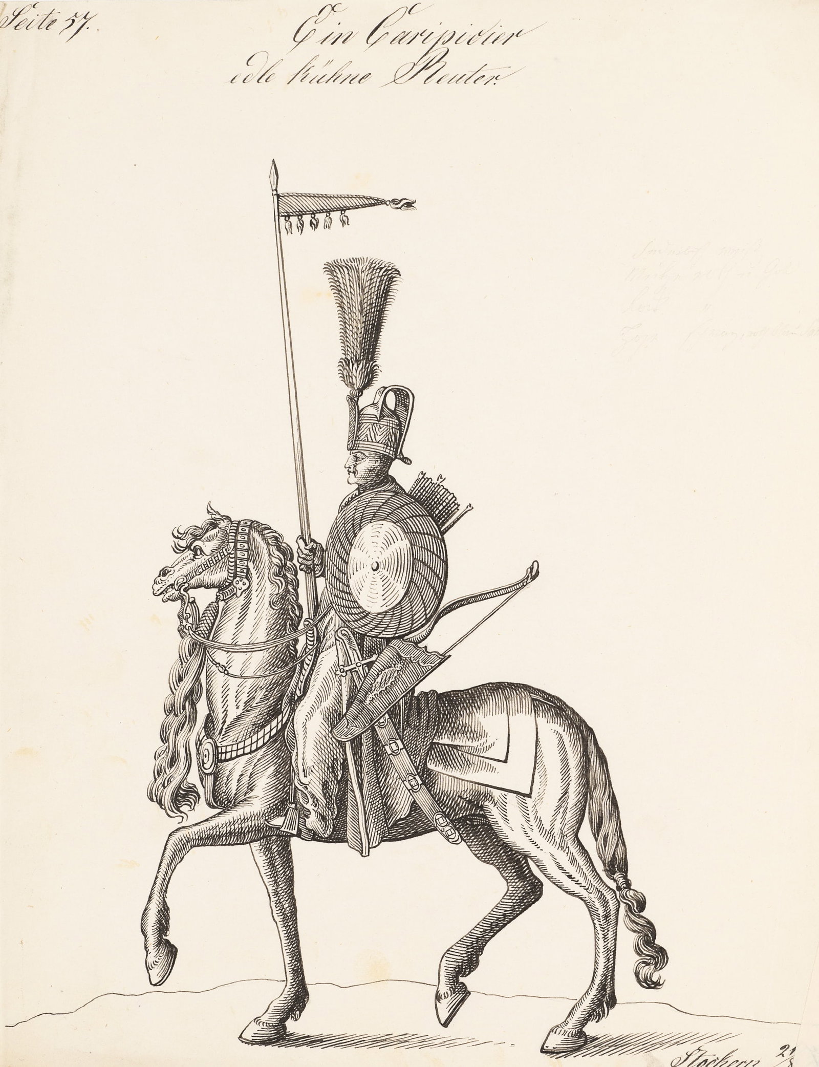 Unknown (19th), Mounted warrior with a lance, 1857, Pen drawing (1 of 5)