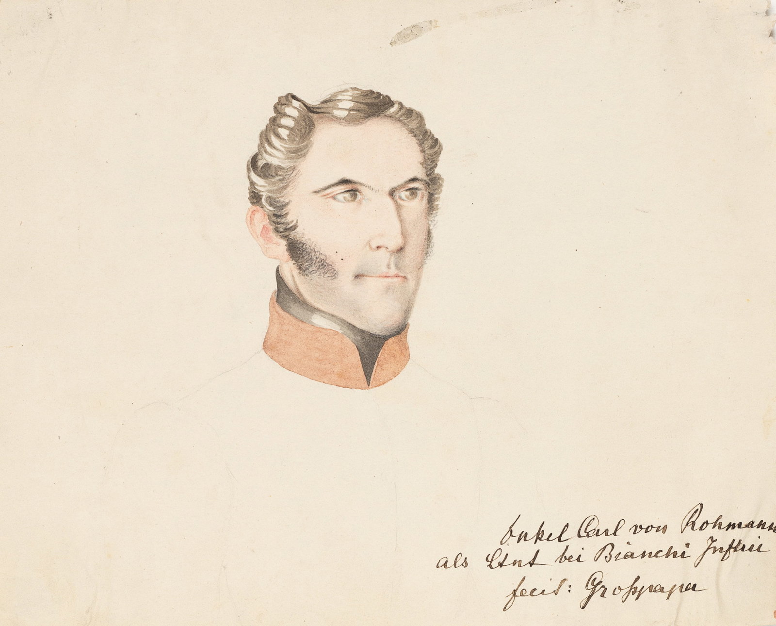 Unknown (19th), Military portrait, around 1840, Watercolor: Unknown (19th century): Military portrait Portrait of a man in historical uniform, c. 1840, Watercolor Technique: Watercolor on Paper Inscription: Lower right inscribed: "Onkel Carl von Rohmann als Lt