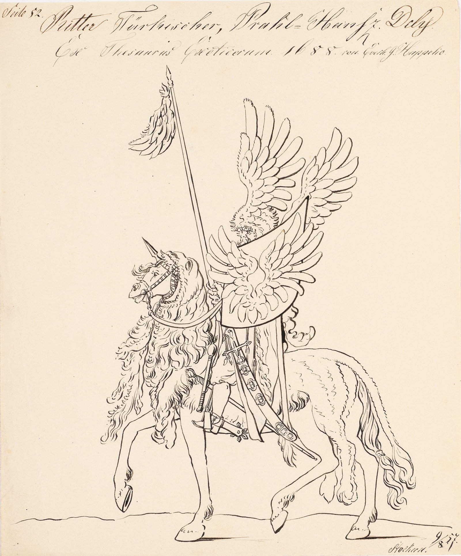 Unknown (19th), Turkish knight with winged adornment, 1857, Pen drawing (1 of 5)
