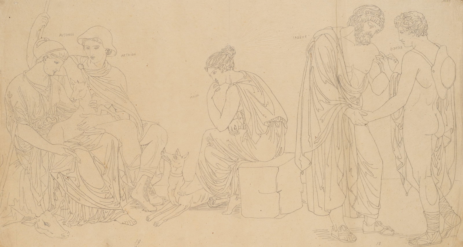 Unknown (19th), Classical figurative frieze, Avtonoe and Actaeon, Pencil (1 of 5)