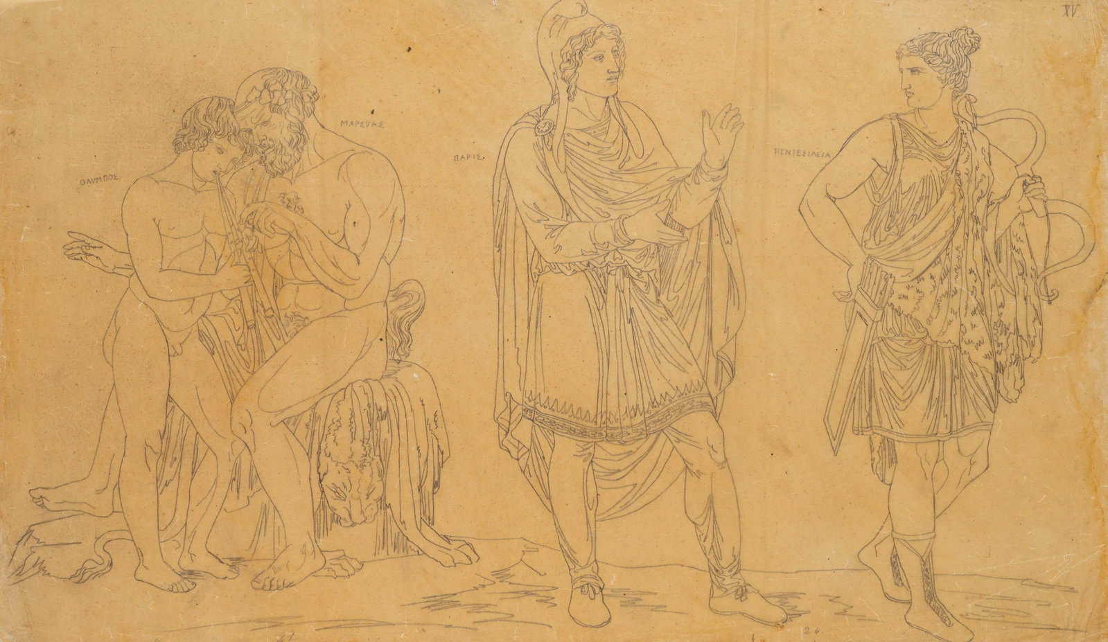 Unknown (19th), Greek heroes with Paris, Pencil: Unknown (19th century): Greek heroes with Paris Ancient Greek scene with Paris and Penthesilea as well as Olympos and Marsyas, 19th century, Pencil Technique: Pencil on Transparent paper, mounted on P