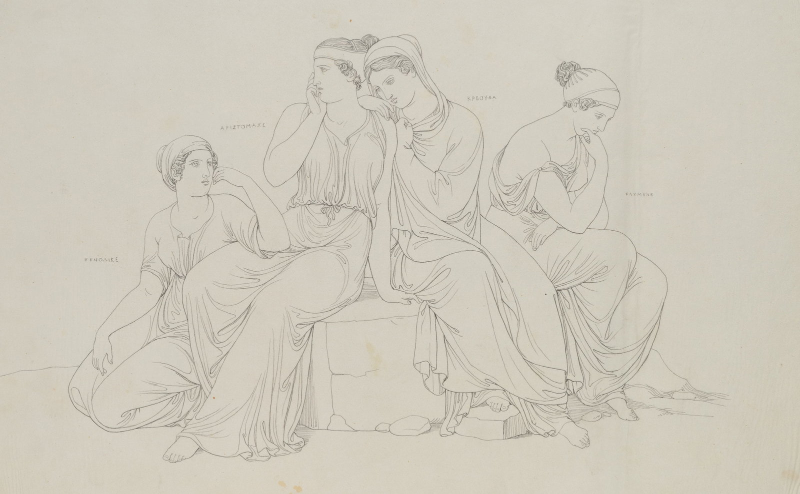 Unknown (19th), Priam’s four daughters, Pencil: Unknown (19th century): Four daughters of Priam Four Greek female figures in silent interaction, 19th century, Pencil Technique: Pencil on Transparent paper, mounted on Paper Date: 19th century Descri
