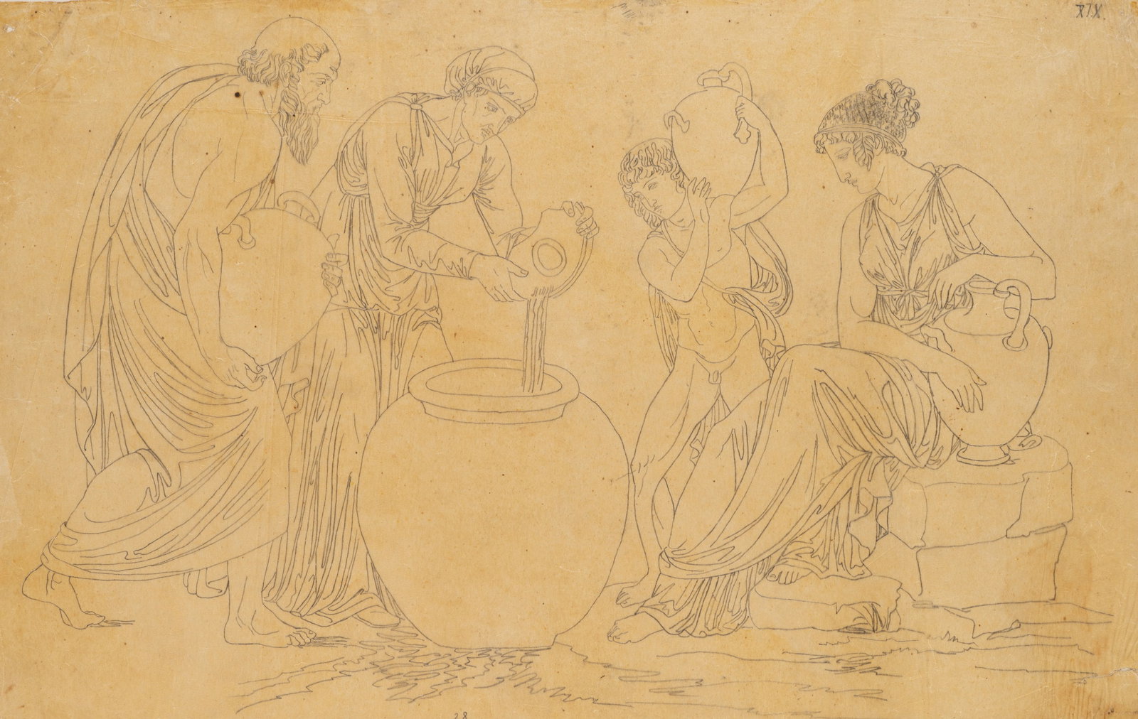 Unknown (19th), Ancient water carriers, Pencil: Unknown (19th century): Antique water carriers Ancient figures by a large jug, 19th century, Pencil Technique: Pencil on Transparent paper, mounted on Paper Date: 19th century Description: The artwork