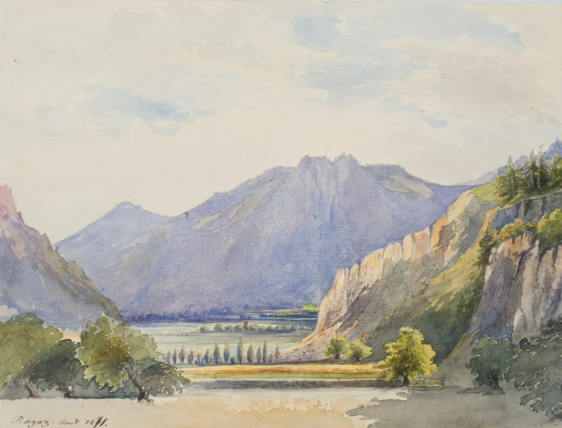 Unknown (19th), Bad Ragaz with a panoramic view of the mountains, 1871, Watercolor: Unknown (19th century): French artist, view of Bad Ragaz with mountain panorama, 1871, Watercolor Technique: Watercolor on Paper Inscription: Labelled and dated lower left in the image. Date: 1871 Des